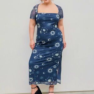 Mesh Square Neck Star and Moon Maxi Dress